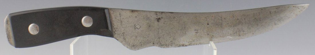 TRU-BAL FIGHTING KNIFE: TRU-BAL FIGHTING KNIFE Single edged steel knife. Made by Tru-Bal. Blade is approx 7.5" in length, 12" overall. With leather sheath. Size: 12" Est. $75-150 Lot: 33281