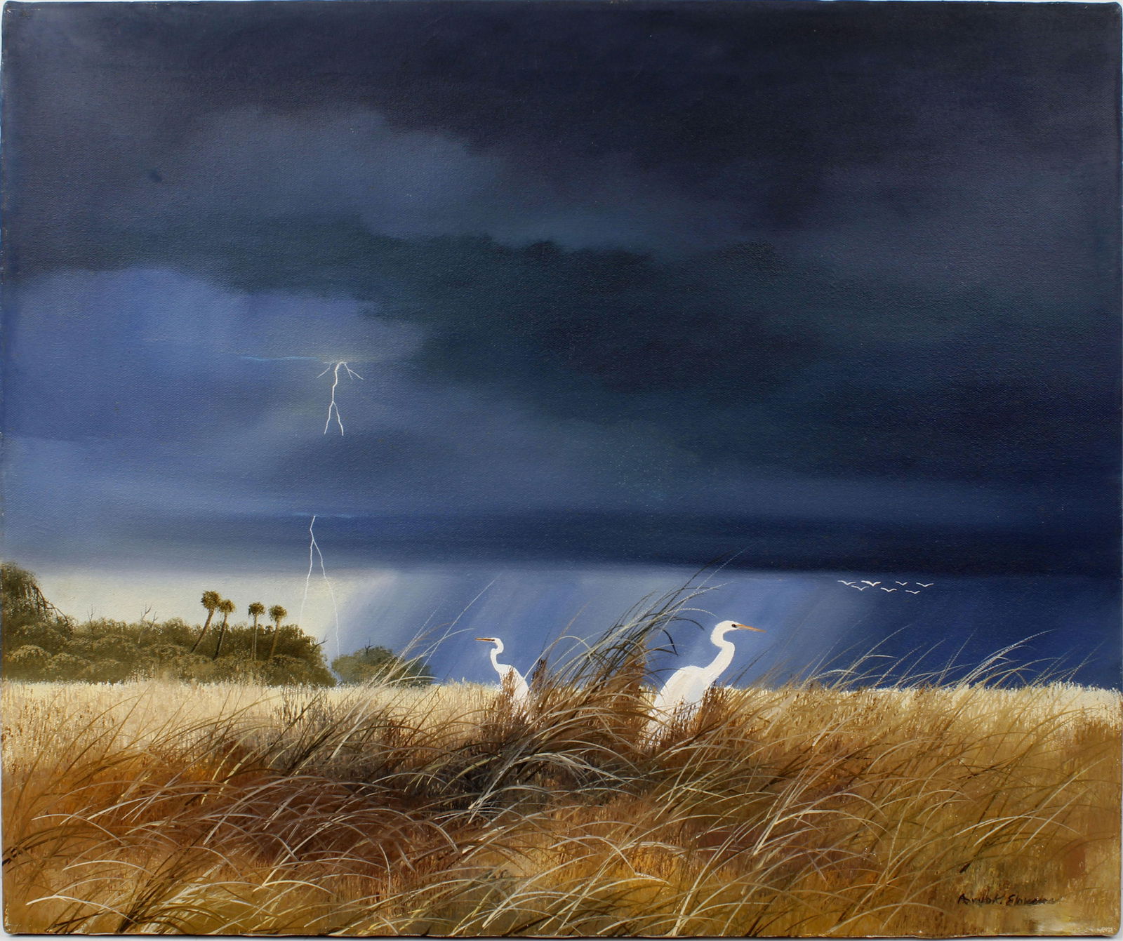 **UNIDENTIFIED ARTIST EGRETS AND LIGHTNING STRIKE (1 of 3)