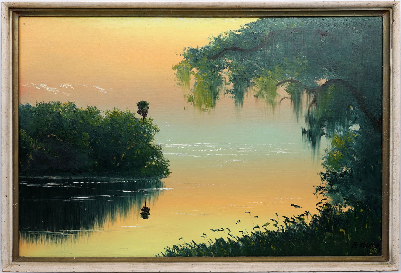 WILLIE DANIELS AL BLACK FLORIDA HIGHWAYMEN: (Daniels, Willie (1950-2021)) Black, Albert “Blood” (B.1947) Florida Highwaymen Painting. Oil on Upson - signed lower right "Al Black" in permanent marker. Presumed Willie Daniels. Execute