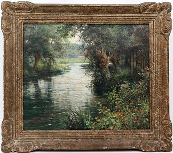 LOUIS ASTON KNIGHT LAKE HOUSE: Knight, Louis Aston (1873-1948) French-Born American Artist. Oil on Canvas - signed lower right. A cozy cottage peeking through lush greenery and fresh blooms by a sparkling stream. Canvas measures 18