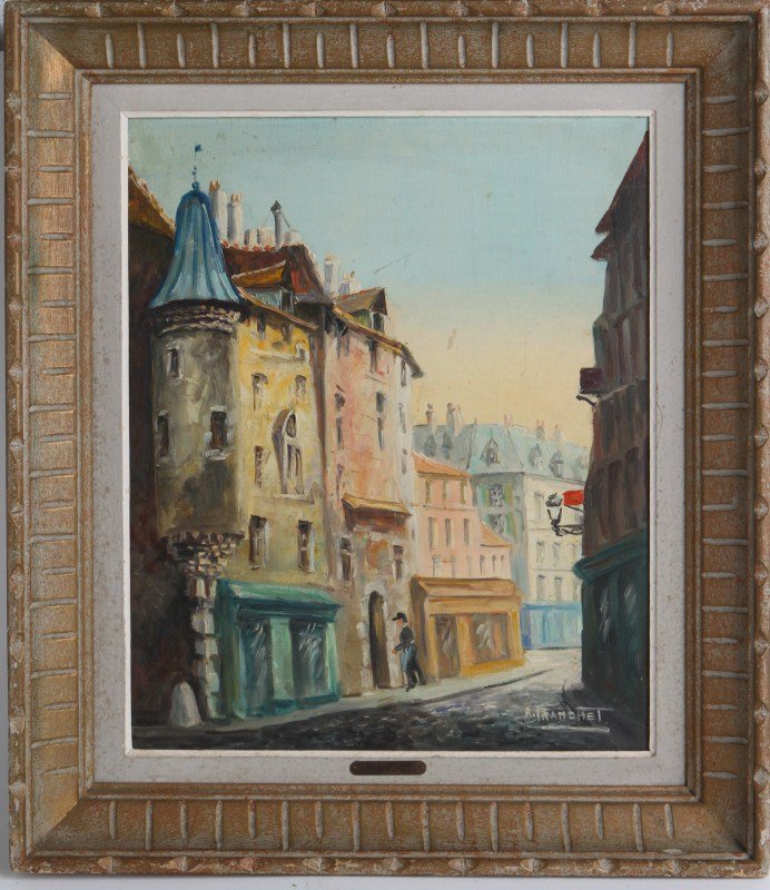 A. FRANCHET VIEW OF PARIS 1930'S OIL ON CANVAS: A. FRANCHET VIEW OF PARIS 1930'S OIL ON CANVAS Andre Franchet (French, 1896-1961). Oil on canvas, 15 x 18", "View of Paris", 1930's. Sign lower right A Franchet. Framed in bronze gilt frame with plaqu