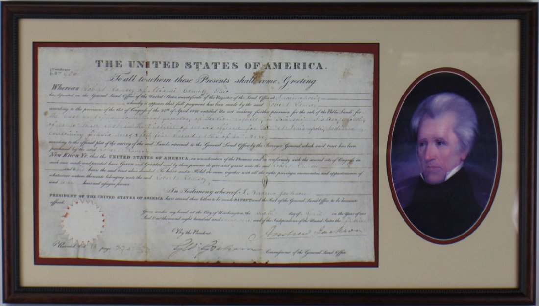 ANDREW JACKSON PPDS DOCUMENT 4/6/29: ANDREW JACKSON PPDS DOCUMENT 4/6/29 Partly-printed DS as president, one page, April 6, 1829. President Jackson grants 56 acres of land in Indiana to Robert Ramsey. Signed at the conclusion by Jackson 