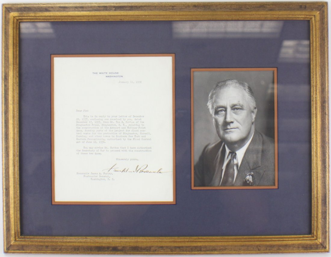 FRANKLIN D. ROOSEVELT TYPED LETTER SIGNED 1/11/38: FRANKLIN D. ROOSEVELT TYPED LETTER SIGNED 1/11/38 TLS as president, one page, White House letterhead, January 11, 1938. FDR writes James T. Farley, postmaster general and a longtime Democratic ally. I