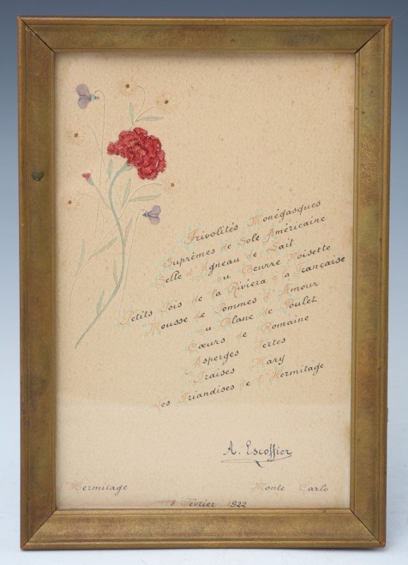 ESCOFFIER HAND WRITTEN & SIGNED MENU: ESCOFFIER HAND WRITTEN & SIGNED MENU Georges Auguste Escoffier (1846 – 1935) Autograph, signed in pen lower right. Hand written menu for the Hermitage, Monte Carlo 1922. Framed. French chef who popu