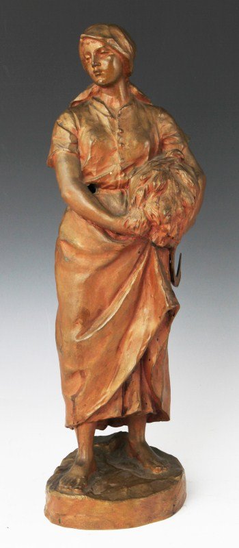HANS MULLER AUSTRIAN BRONZE WOMAN WITH SICKLE: HANS MULLER AUSTRIAN BRONZE WOMAN WITH SICKLE Hans Muller (Austrian, 1873-1937). Bronze figure of a female farmer holding a bundle of wheat and a sickle. Signed H. Muller. Woman is missing a tool in h
