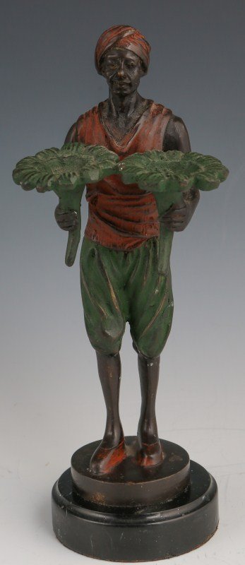 FRANZ BERGMANN PAINTED BRONZE ARAB FIGURE: FRANZ BERGMANN PAINTED BRONZE ARAB FIGURE Cold cast bronze figure in Arabic dress. Mounted to black marble base. Impressed "F. Bergmann 1882". Good overall age patina. Size: 9" tall