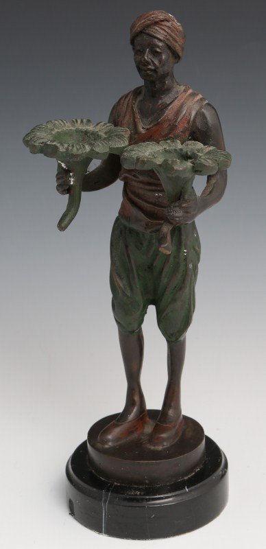 FRANZ BERGMANN PAINTED BRONZE ARAB FIGURE: FRANZ BERGMANN PAINTED BRONZE ARAB FIGURE Cold cast bronze figure in Arabic dress. Mounted to black marble base. Impressed "F. Bergmann 1882". Good overall age patina. Size: 9" tall