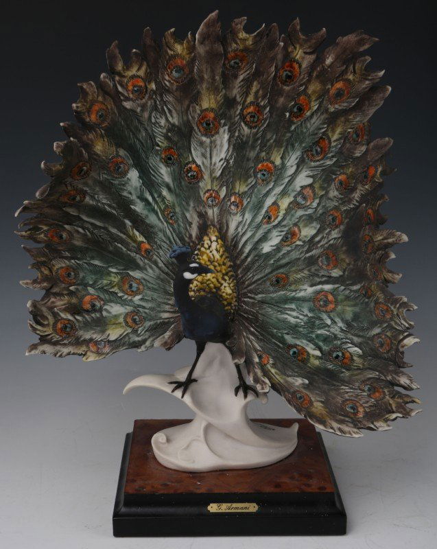 GUISEPPE ARMANI THE PEACOCK MADE IN ITALY: GUISEPPE ARMANI THE PEACOCK MADE IN ITALY 13.5" x 11" Pristine premium porcelain. Authentically signed by artist. Original box and papers.
