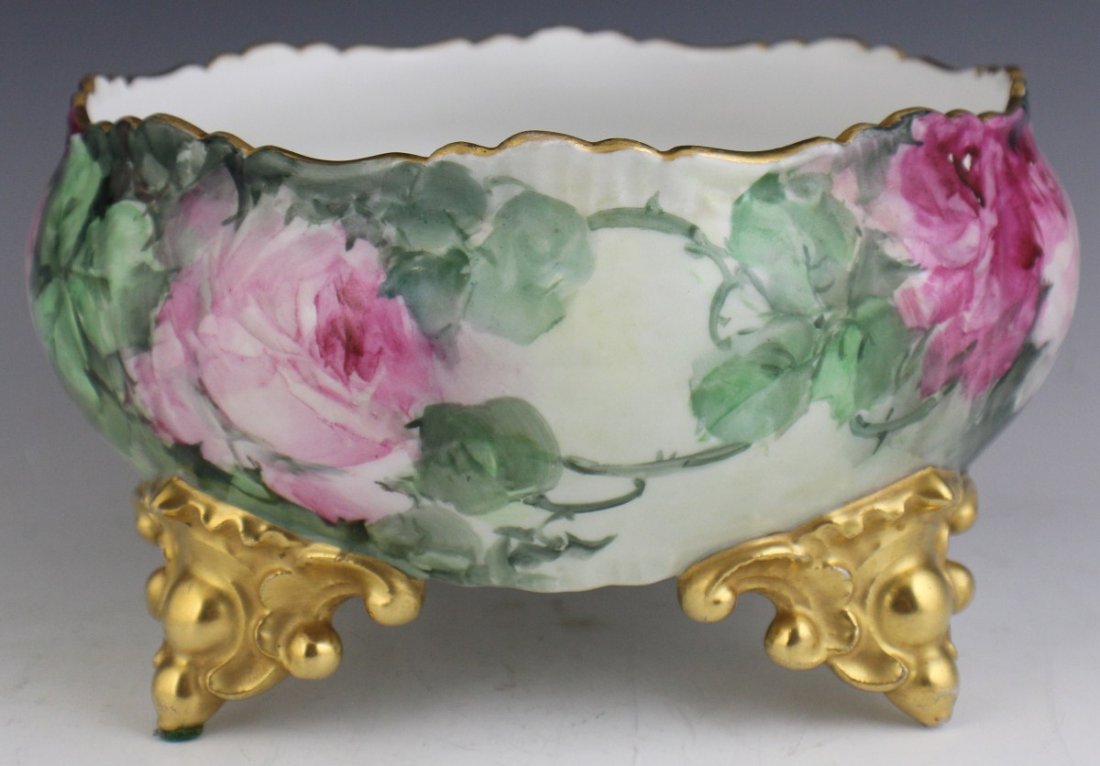 LIMOGES PAINTED PORCELAIN FOOTED BOWL PINK ROSES