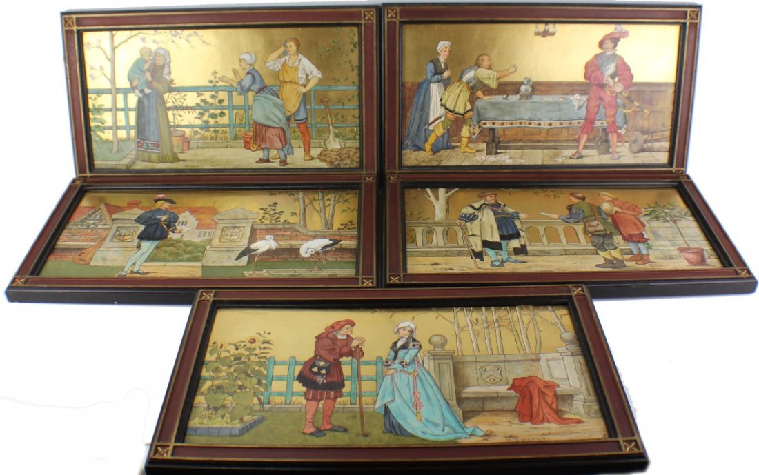 SET OF FIVE MINTON ART POTTERY STUDIO PLAQUES: SET OF FIVE MINTON ART POTTERY STUDIO PLAQUES A Set of Five Minton Art Pottery Studio Plaques, Henry Stacy Marks, circa 1871-1875, from the series The Seven Ages of Man, based on Shakespeare's charact
