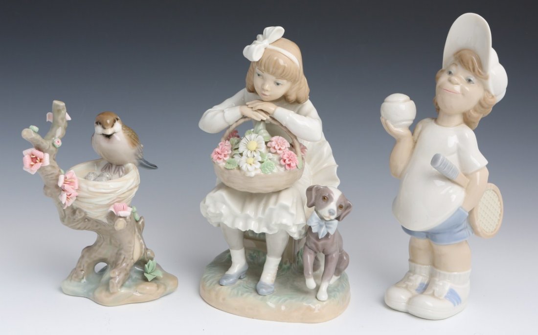 LLADRO PORCELAIN FIGURES #4966, #1088, #1299: LLADRO PORCELAIN FIGURES #4966, #1088, #1299 Assorted group of Lladro porcelain figures to include #4966 Tennis Player Puppet, #1088 Girl with Flowers and #1299 Bird in Nest. Size: 6 - 9"