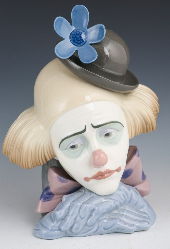 RETIRED LLADRO FIGURE #5130 CLOWN'S HEAD BOWLERHAT: RETIRED LLADRO FIGURE #5130 CLOWN'S HEAD BOWLERHAT Retired Lladro porcelain figure, 5130, CLOWN'S HEAD BOWLER-HAT, Issue Year: 1982, Retirement Year: 2001, Sculptor: José Puche. Size: 11 x 7"