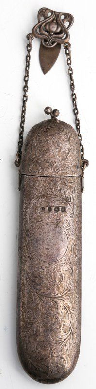 ENGLISH STERLING SILVER CHATELAINE EYEGLASS CASE: ENGLISH STERLING SILVER CHATELAINE EYEGLASS CASE With English hallmarks for Birmingham 1906. Complete with velvet liner to protect the glasses and art deco belt hook. The case, chased with scrolling f