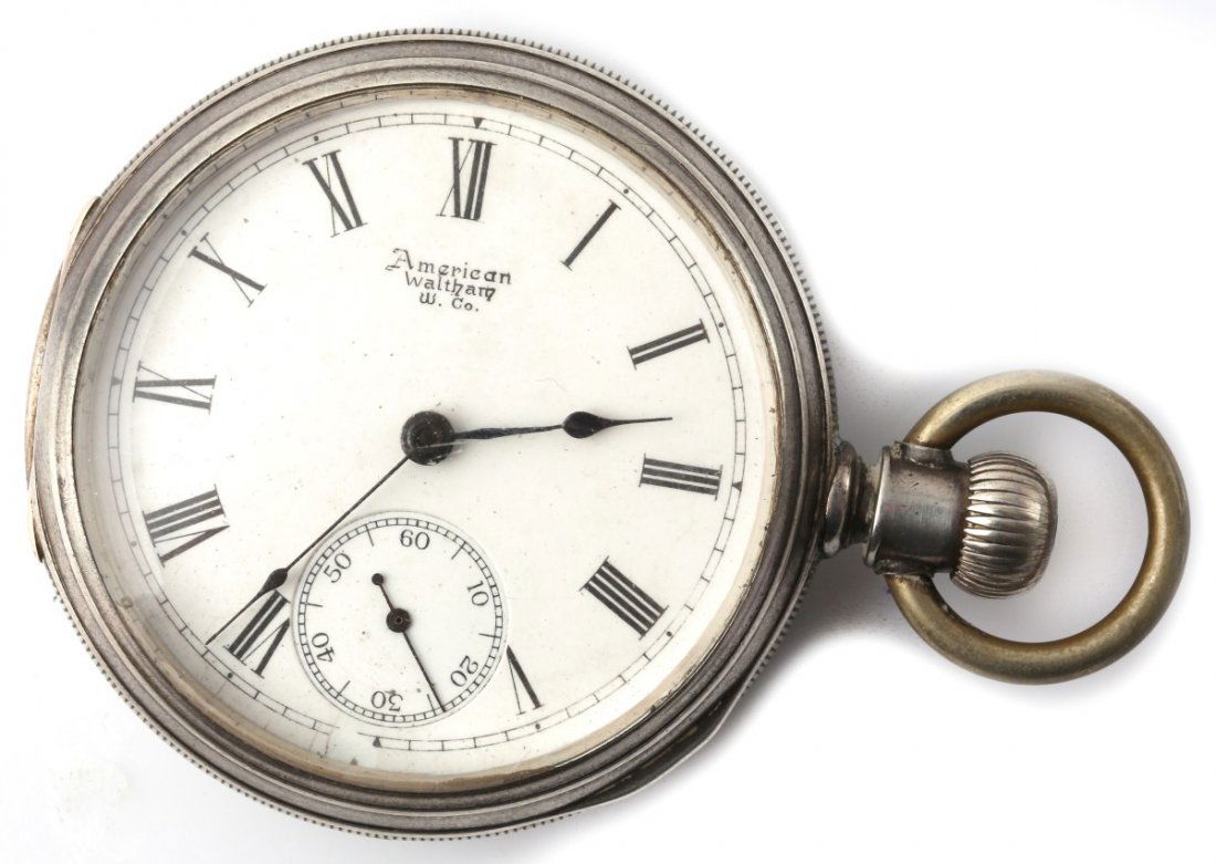 AMERICAN WALTHAM COIN SILVER CASED POCKET WATCH: AMERICAN WALTHAM COIN SILVER CASED POCKET WATCH Sidewinder, Size 20, coin silver cased pocket watch. Porcelain dial, black roman numerals and black pointers. Second hand. Movement is numbered 3816861,