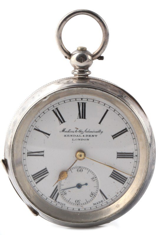 ENGLISH SILVER CASED POCKET WATCH by KENDAL & DENT: ENGLISH SILVER CASED POCKET WATCH by KENDAL & DENT Key wind & key set, Size 16, silver cased pocket watch marked .935. Porcelain dial, black roman numerals and gold pointers. Second hand. Hand inscrib