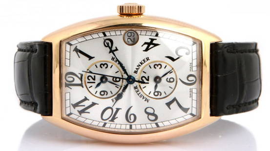 FRANCK MULLER MASTER BANKER 18K ROSE GOLD WATCH: FRANCK MULLER MASTER BANKER 18K ROSE GOLD WATCH Franck Muller Geneve watch, Master Banker. Custom crafted, handmade timepiece created and designed specifically for the businessman who is always on the