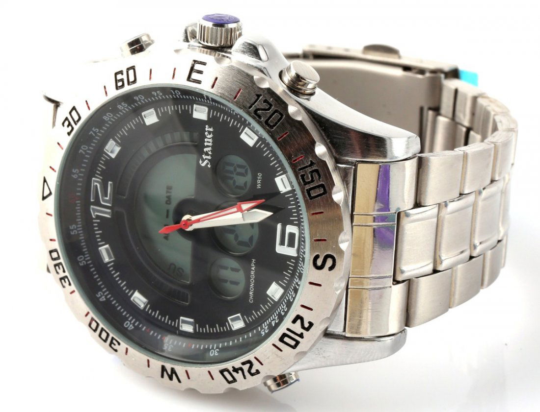 MENS STAUER STAINLESS STEEL HYBRID WRISTWATCH: MENS STAUER STAINLESS STEEL HYBRID WRISTWATCH A Men's stainless steel Stauer wristwatch. Hybrid watch with analog and digital functions. Quartz movement. Extra links included.