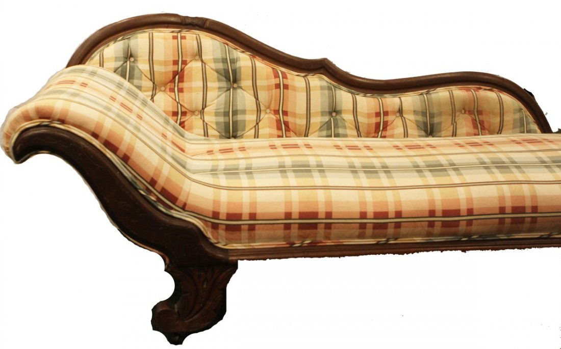 VICTORIAN CHAISE LOUNGE: VICTORIAN CHAISE LOUNGE Covered in burgundy and green plaid fabric. Size: 29 x 25 x 69"