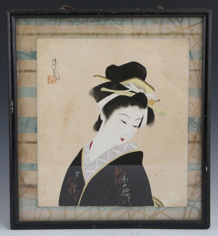 UNKNOWN TEMPERA JAPANESE GEISHA: UNKNOWN TEMPERA JAPANESE GEISHA Japanese tempera on board, 9.5 x 10.5". Features a portrait of a Geisha. Signed upper left side. Float mounted and framed under glass in black frame. Some water damage