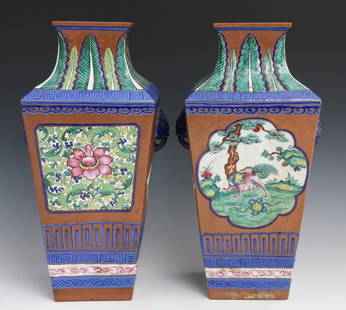 PAIR OF 19TH C CHINESE YIXING ENAMELED VASES: PAIR OF 19TH C CHINESE YIXING ENAMELED VASES Fine polychrome hand enameled and glazed Chinese Yixing ceramic vases of 19th century manufacture. Each vase is a rectangular ceramic base tapering up to a