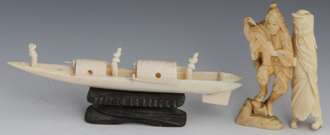 ORIENTAL CARVED IVORY GROUPING: ORIENTAL CARVED IVORY GROUPING Group lot of oriental carved ivory items. Included is a Chinese river boat on a wooden stand, three figures and thee paddles, tiller and two housing structures depicted,
