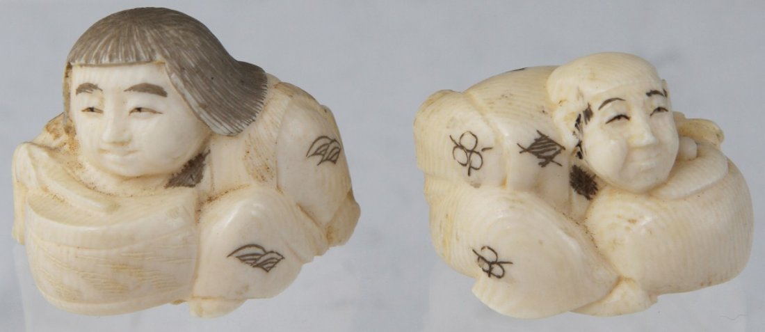 PAIR CARVED IVORY DRUM AND JAR NETSUKE SIGNED: PAIR CARVED IVORY DRUM AND JAR NETSUKE SIGNED A pair of carved ivory netsuke of two crouched figures in lightly etched and stained kimono. One is focused on the drum it plays, a mallet in each hand. T