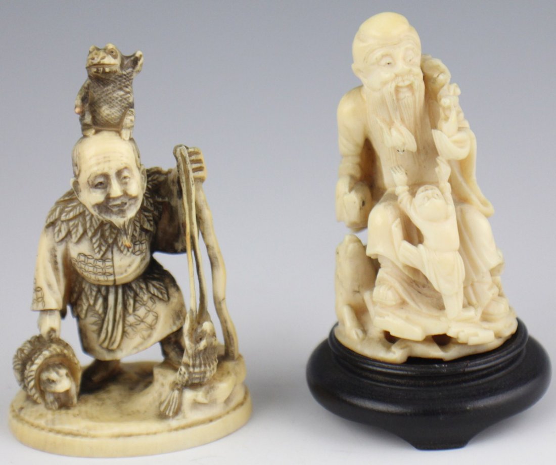 TWO CARVED IVORY OKIMONO SIGNED: TWO CARVED IVORY OKIMONO SIGNED Two detailed carved okimono the size of a netsuke. The first is an etched and stained figural grouping, a kneeling man sports a ring of leaves around his neck and waist