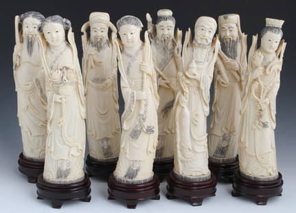 CHINESE CARVED IVORY SET OF EIGHT IMMORTALS: CHINESE CARVED IVORY SET OF EIGHT IMMORTALS Carved Ivory Figures of the Taoist Xian, eight Tao Immortals. He Xiangu, Cao Guojiu, Tieguai Li, Lan Caihe, Lü Dongbin, Han Xiang Zi, Zhang Guo Lao, and Zh