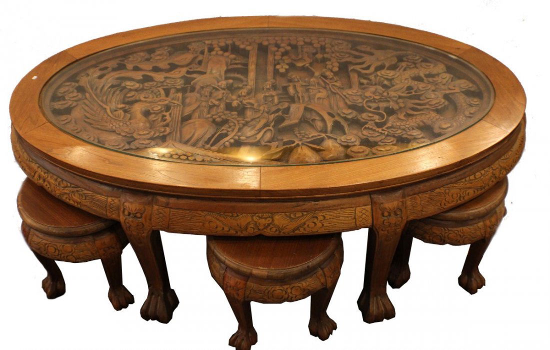 Asian Dragon Hand Carved Coffee Table W 6 Stools Dec 16 2012 Manor Auctions In Fl Antique Chinese Hand Carved Coffee Table