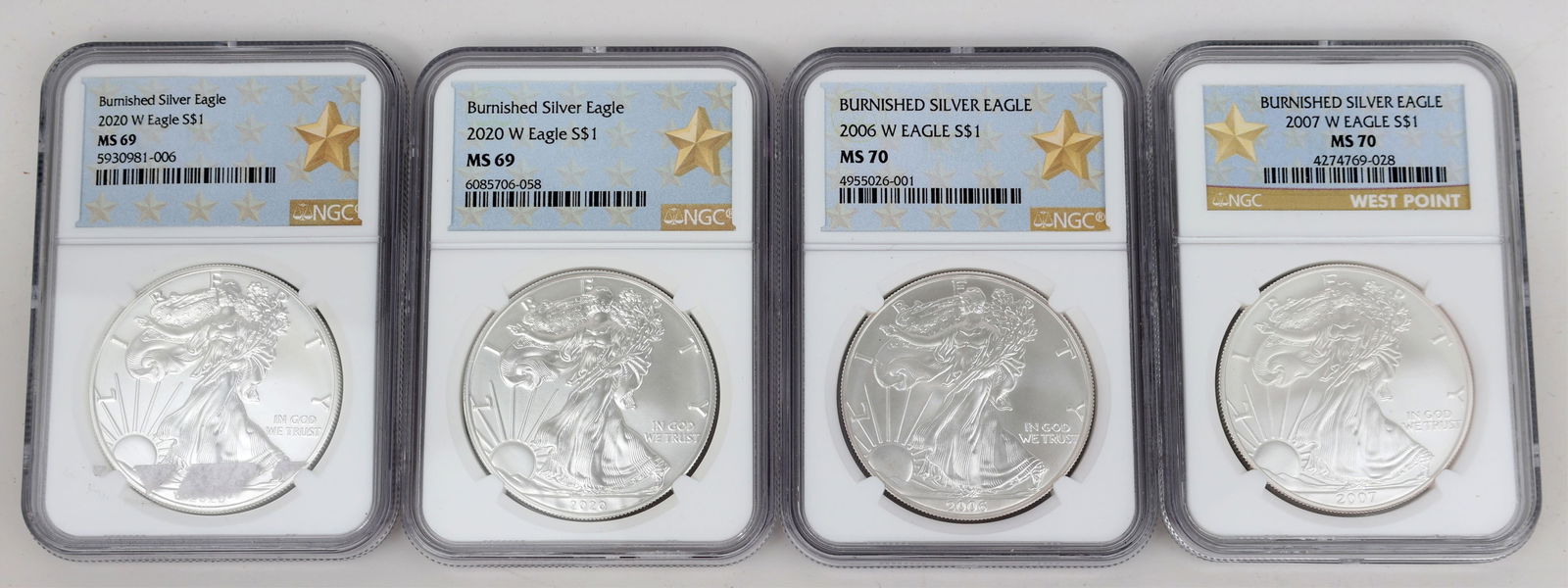 4 BURNISHED SILVER EAGLES / MINT STATE 69 / 70 (1 of 2)