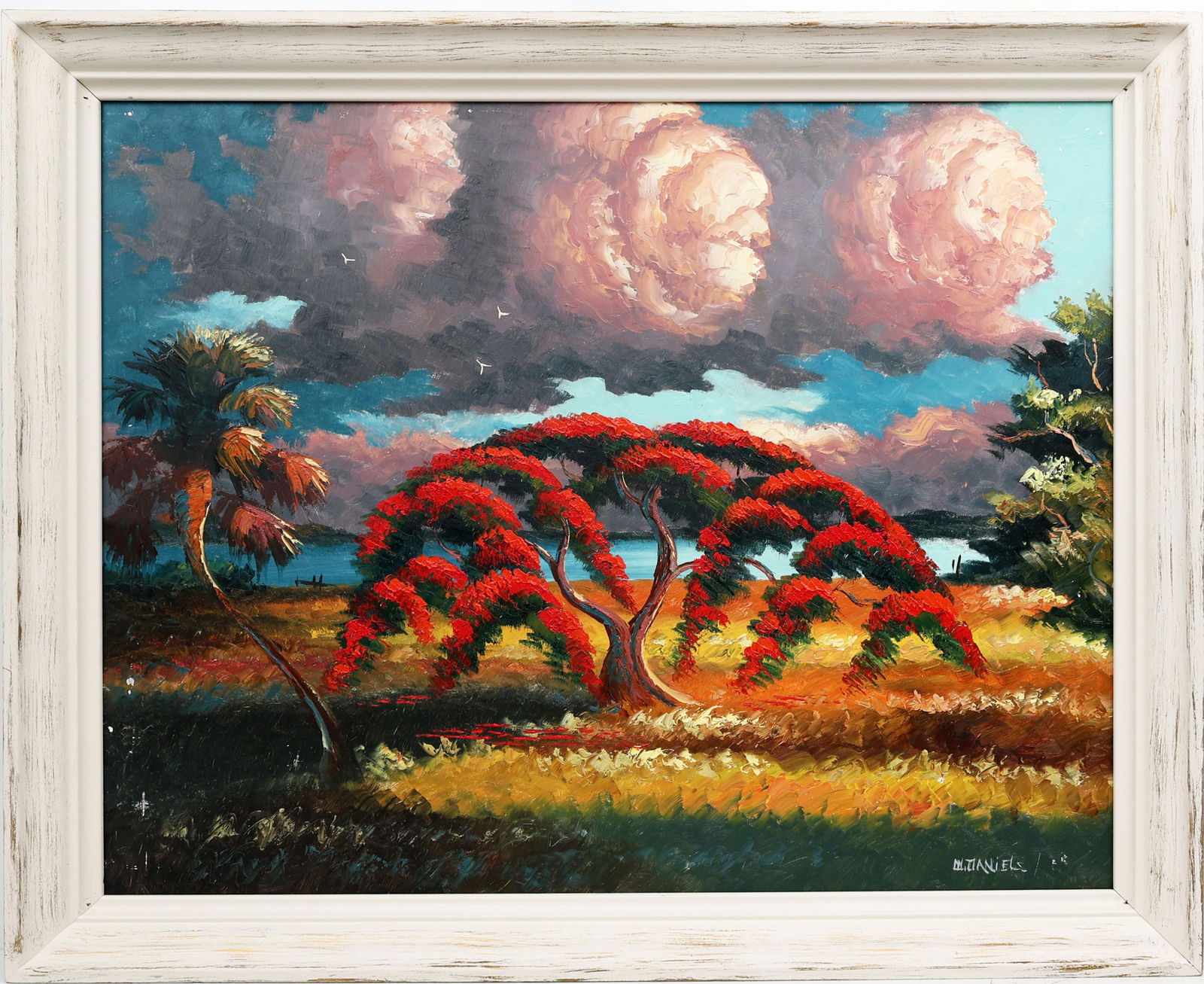 WILLIE DANIELS FLORIDA HIGHWAYMEN FLAMBOYANT: Daniels, Willie (1950-2021) Florida Highwaymen Painting. Oil on Masonite - signed lower right. Executed in palette knife on a field of brushwork. A majestic Poinciana tree, crafted with a palette knif