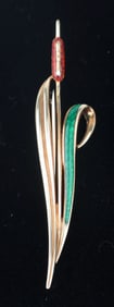 14K LADIES YELLOW GOLD & ENAMEL CATTAIL BROOCH