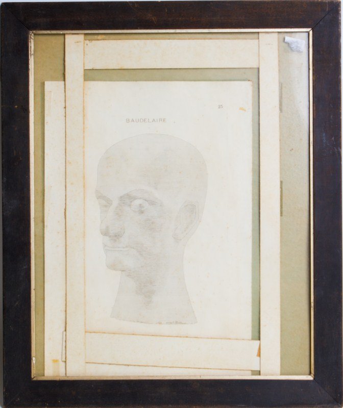 JACQUES VILLON BOUDELAIRE ETCHING: JACQUES VILLON BOUDELAIRE ETCHING Jacques Villon (French, 1875-1963). "Baudelaire without a Pedestal (Baudelaire sans le socle)", etching, ca. 1920. Framed in black wooden frame under glass. Some foxi