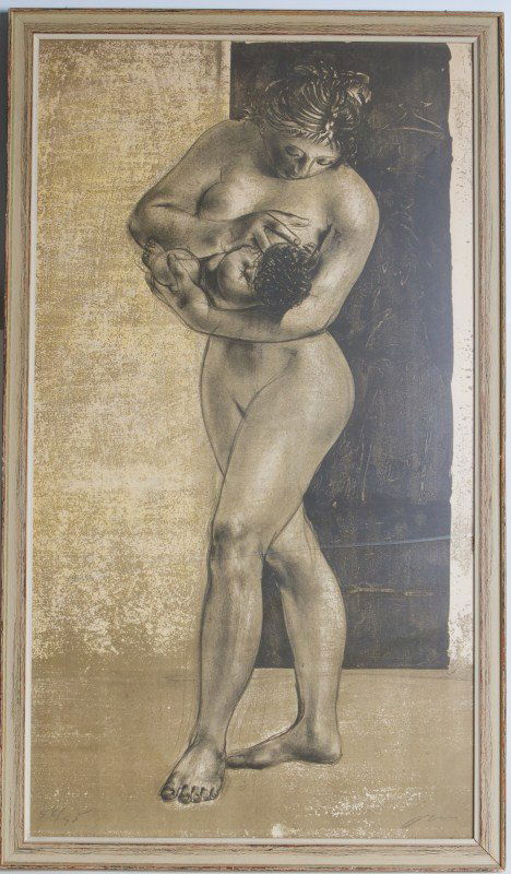 HANS ERNI MOTHER AND CHILD LITHOGRAPH: HANS ERNI MOTHER AND CHILD LITHOGRAPH Hans Erni (Swiss, b. 1909). "Mother and Child" lithograph in black and white; Edition 58/95; Signed and numbered in pencil lower margin. Framed under glass in woo