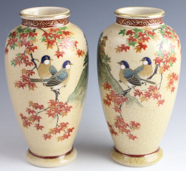 PAIR OF CHINESE HAND PAINTED EARTHENWARE VASES: PAIR OF CHINESE HAND PAINTED EARTHENWARE VASES Pair of earthenware hand painted satsuma vases. Signed to the base. Size: 6.25" tall