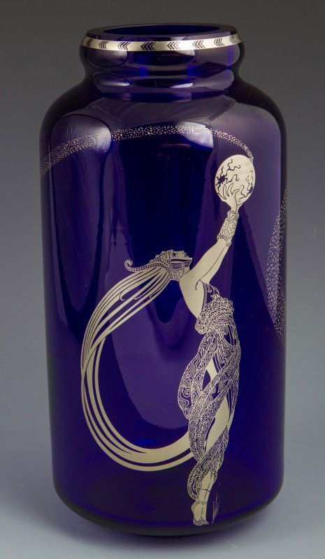 FIREFLIES BY ERTE COBALT BLUE GLASS GILT VASE: FIREFLIES BY ERTE COBALT BLUE GLASS GILT VASE Cobalt blue vase with platinum gilt embellishments, "Fireflies" by Erte, made by Franklin Mint in 1988. Size: 10"