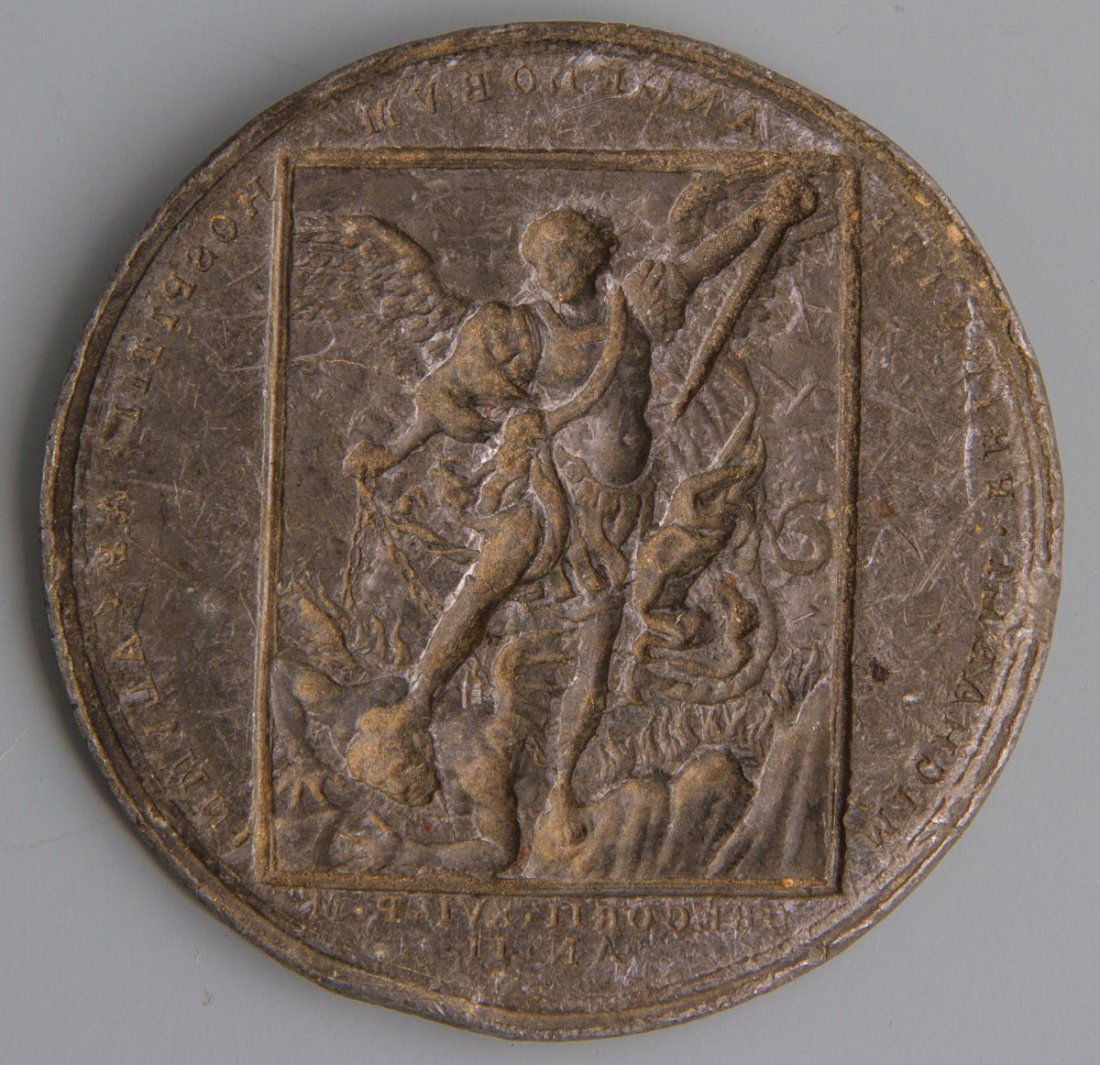 POPE GREGORY XVI BRONZE SEAL OF SAINT MICHAEL: POPE GREGORY XVI BRONZE SEAL OF SAINT MICHAEL Bronze seal stamp depicting St. Michael vanquishing Satan in a rectangle frame. Latin inscribed around perimeter reads "MICHAELI PRINCIPI ANGELORVM HOSPIT