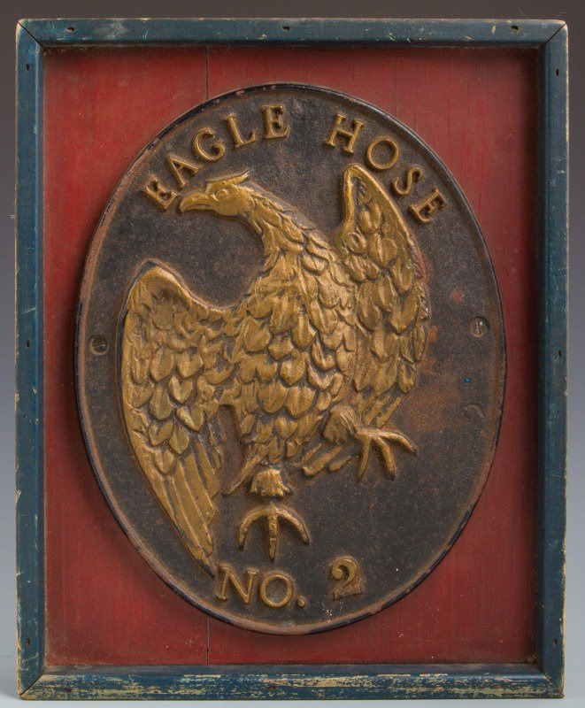 LATE 19TH CENTURY EAGLE HOSE FIRE NO. 2 FIRE MARK: LATE 19TH CENTURY EAGLE HOSE FIRE NO. 2 FIRE MARK 19th century Eagle Hose Fire No. 2 plaque, painted cast iron. Plaque is 8.5 x 11" inches, mounted onto frame. Some rust and wear throughout. Bottom of