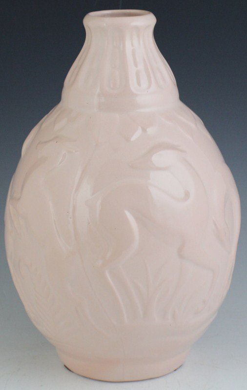 BOCH FRERES PINK BULBOUS VASE GAZELLES BELGIUM: BOCH FRERES PINK BULBOUS VASE GAZELLES BELGIUM Boch Art Deco pink bulbous vase featuring gazelles, made in Belgium. Stamped Boch Frères La Louvière. Size: 12"
