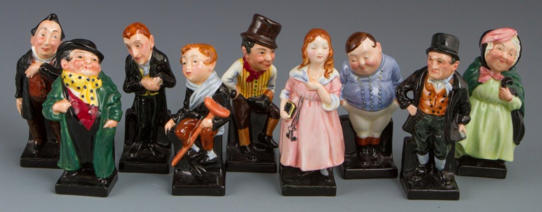 NINE ROYAL DOULTON DICKENS FIGURES 4": NINE ROYAL DOULTON DICKENS FIGURES 4" Lot of four Dickens 4" figurines by Royal Doulton. Sam Weller, Tony Weller, Little Nell, Fat Boy, Tiny Tim, Pecksniff, Bill Sikes, Sairey Gamp (cracking throughou