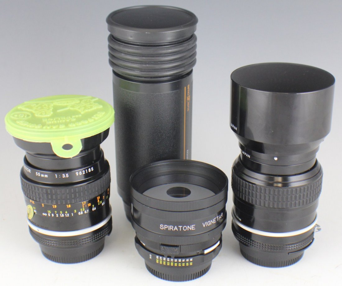 LOT OF SIX NIKON CAMERA LENES: LOT OF SIX NIKON CAMERA LENES Five classic F-Mount lenses for Nikon cameras, includes one Sima SF 100mm f/2 soft focus/macro lens; L mount; Nikon lens models include a Micro-Nikkor 55mm f/3.5 with HN-