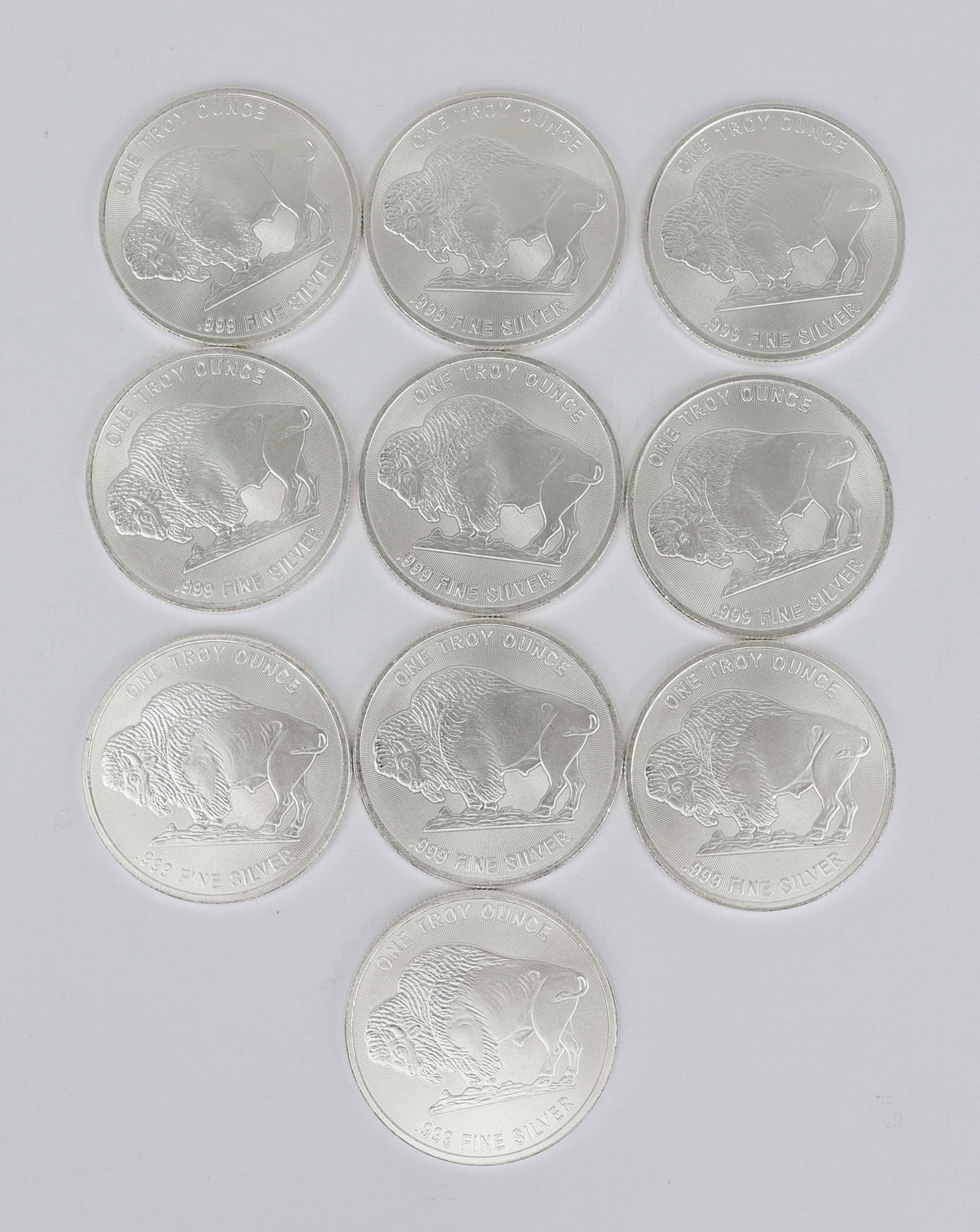 TEN .999 FINE SILVER BUFFALO COINS