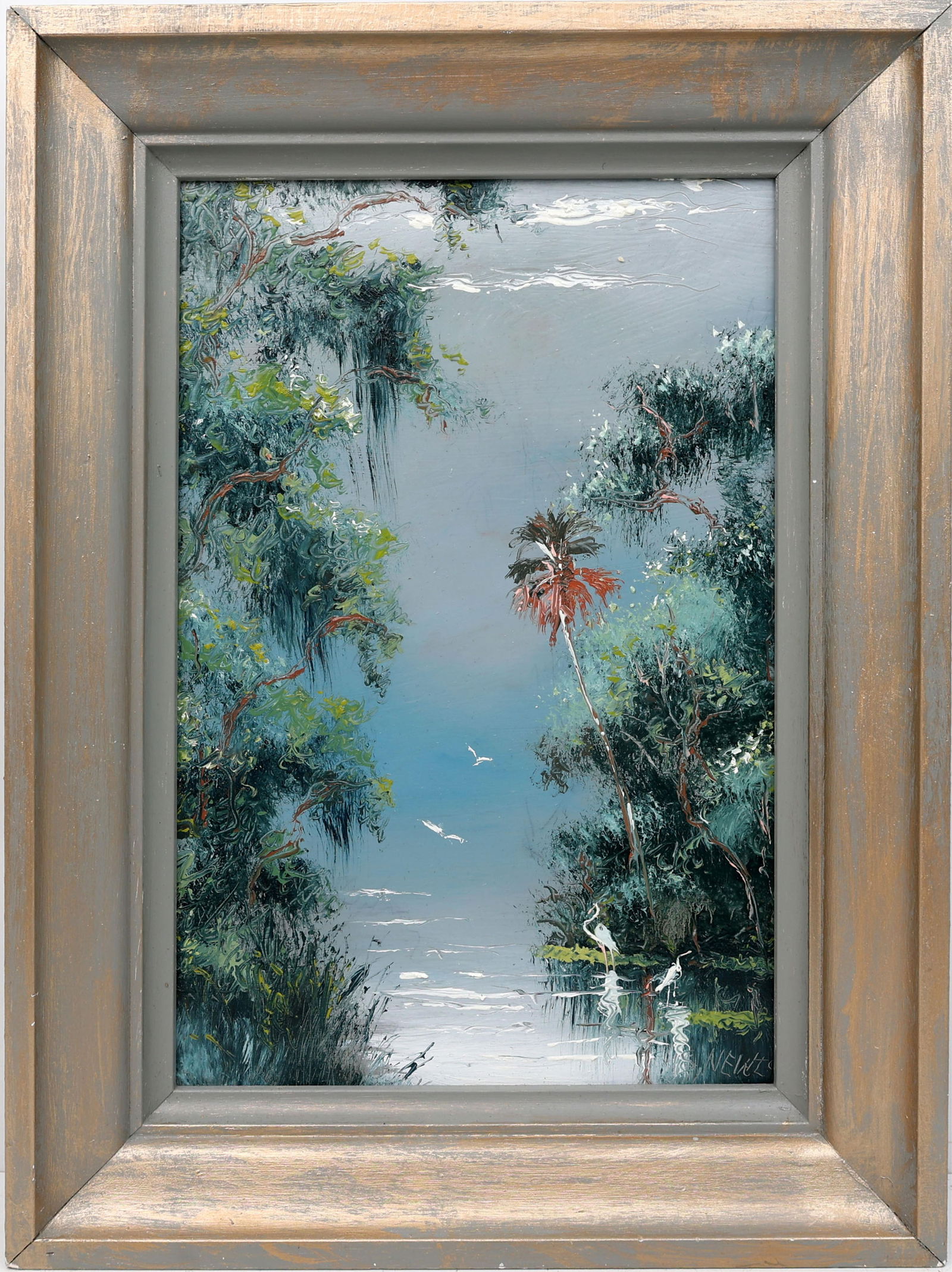 SAM NEWTON FLORIDA HIGHWAYMEN MOONLIGHT SHIMMER: Newton, Samuel (B.1948) Florida Highwaymen Painting. Oil on Masonite - signed lower right. Executed in brush and palette knife. Moonlight shimmers on the quiet river inlet, its dark waters reflecting