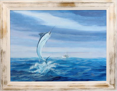 DONALD GIBBS FLORIDA ARTIST MARLIN FISHING: Gibbs, Donald Archibald (B. 1937). Oil on canvas- signed lower right. Titled on verso - "Marlin fishing off the Breakers Hotel. Palm Beach, FLA " A powerful marlin bursts from the water, its sleek bod
