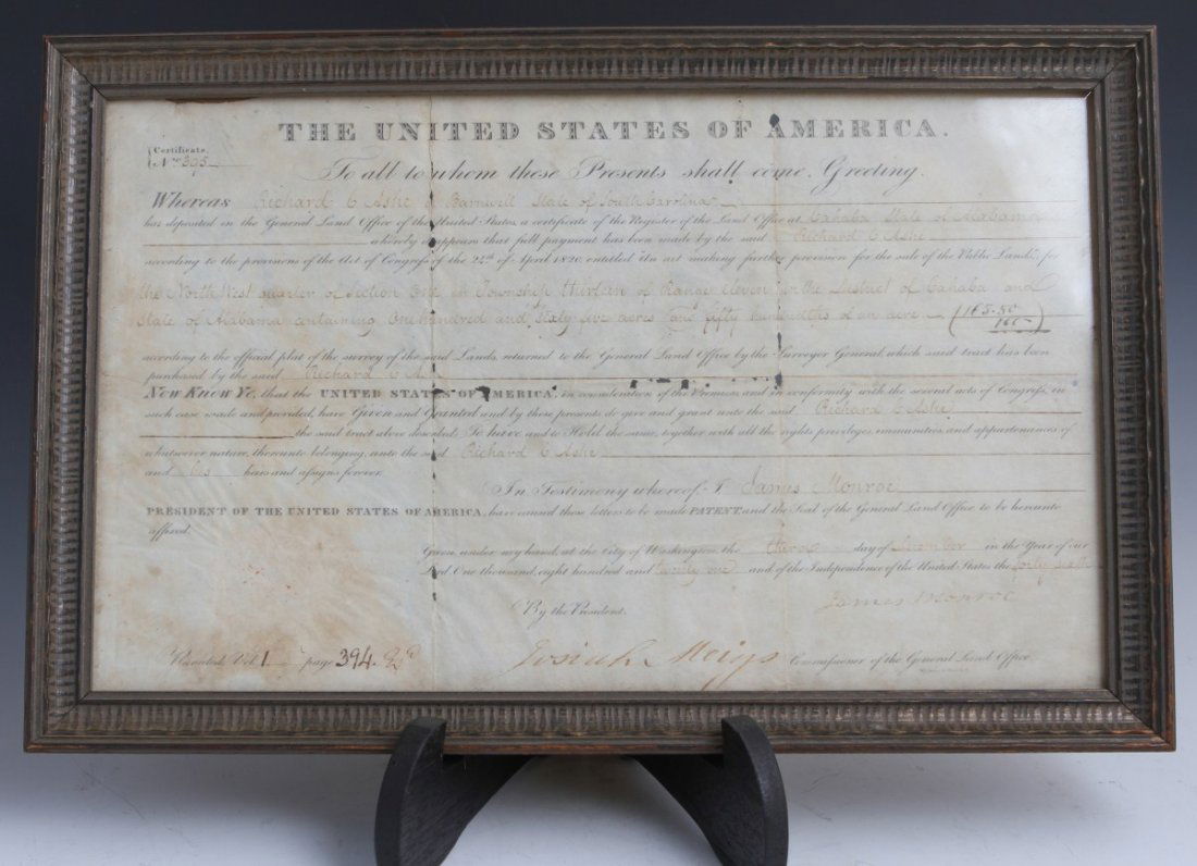 JAMES MONROE PPDS AS PRESIDENT 4/24/20: JAMES MONROE PPDS AS PRESIDENT 4/24/20 James Monroe partly printed DS as president, one page, April 24th, 1820. President Monroe grants Richard L. Ashe 165.5 acres of land in Alabama. Signed at the co