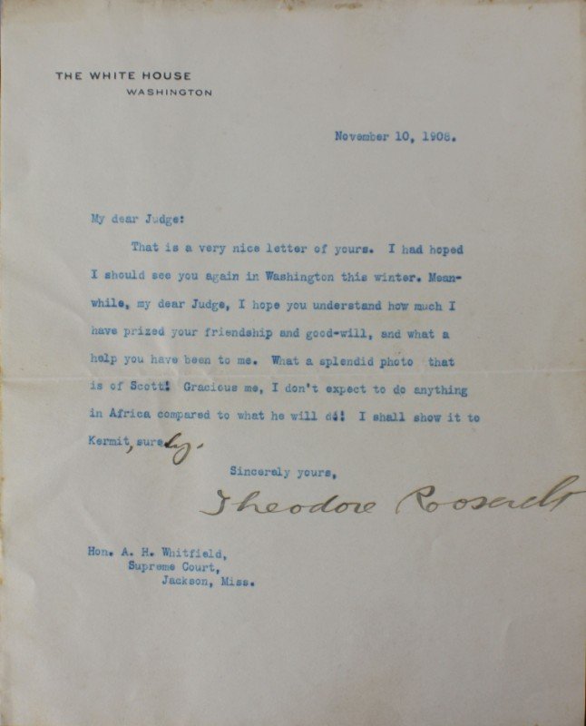 THEODORE TYPED LETTER SIGNED 11/10/08: THEODORE TYPED LETTER SIGNED 11/10/08 One page with integral blank, on White House letterhead. Washington D.C. November 10th 1908. Just months before embarking on his African safari, the president sen