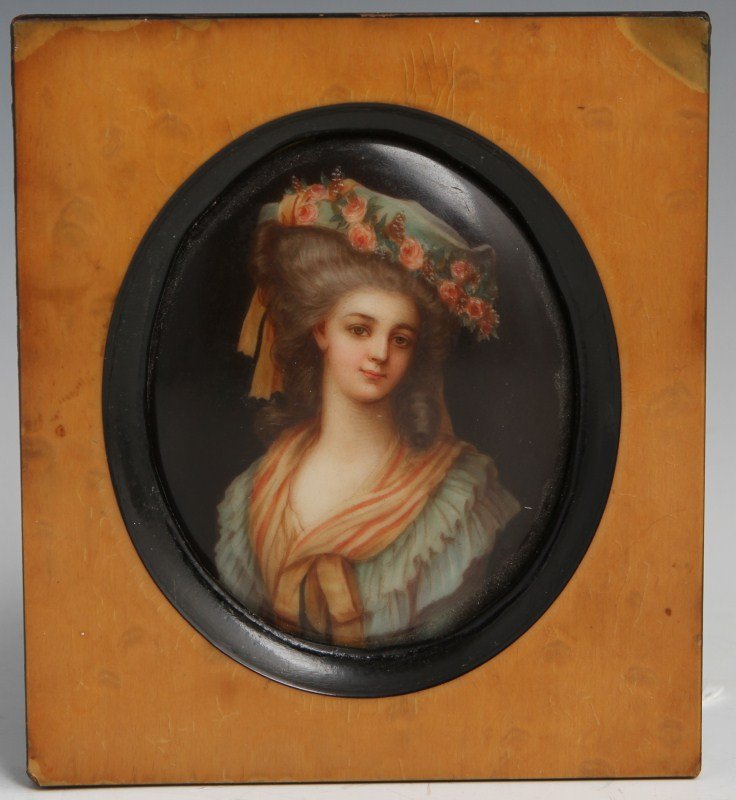 19TH CENTURY KPM HAND PAINTED OVAL PORCELAIN TILE: 19TH CENTURY KPM HAND PAINTED OVAL PORCELAIN TILE Small oval porcelain tile, framed, featuring portrait of lady, featuring portrait of lady in dress clothes, 19th century. Marked "KPM C." Size: 5 x 4.
