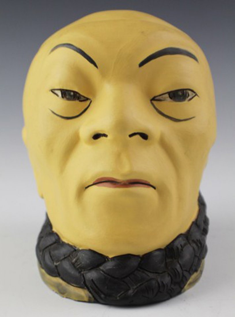 RARE WELLER DICKENS WARE II CHINAMAN HUMIDOR: RARE WELLER DICKENS WARE II CHINAMAN HUMIDOR Chinaman humidor from Weller Pottery Dickens Ware II. Rare piece from the turn of the century. Redware figural humidor features space in the lid for a spon