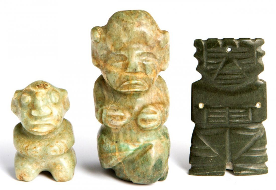 LOT OF THREE MESOAMERICAN STATUES AND PENDANT: LOT OF THREE MESOAMERICAN STATUES AND PENDANT Lot of three Mesoamerican jade figures. Two seated statues, 3.5" and 2" tall, and a dark green pendant, 3", with three holes pierced for necklace. Respect