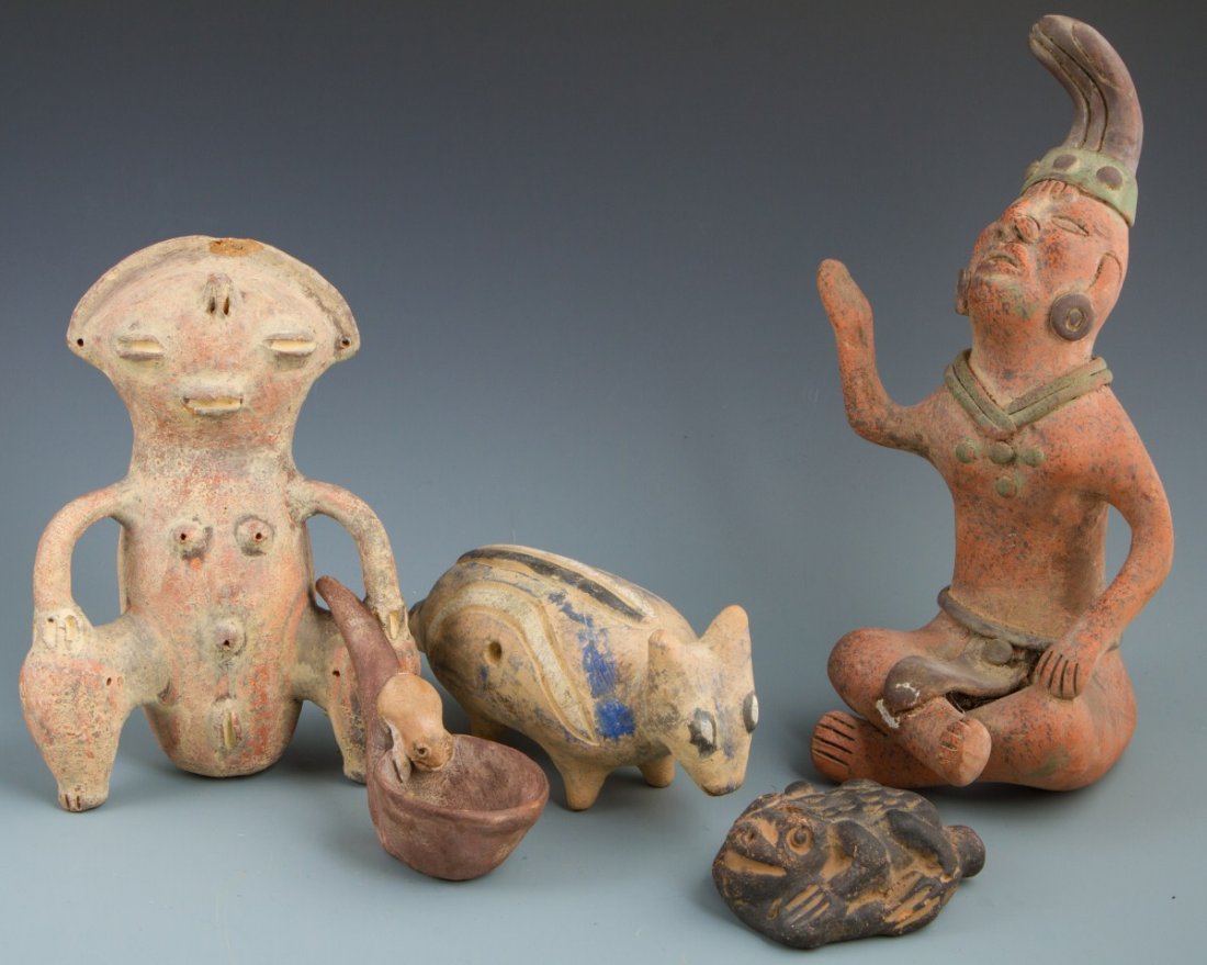 FIVE SOUTH AMERICAN POTTERY EFFIGES: FIVE SOUTH AMERICAN POTTERY EFFIGES Lot of five South American earthenware Pottery effigies. Includes: seated female goddess, seated terracotta figure, pipe, cat, frog. Size: 4 - 12"